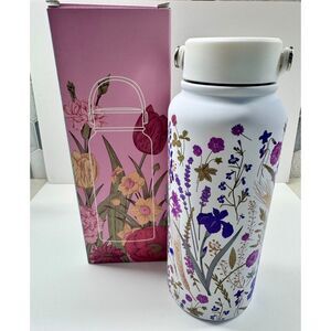 NIB 1L Stainless Steel Insulated Water Bottle White Botanical Floral Wide Mouth